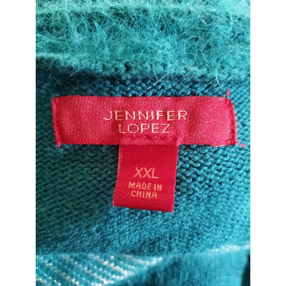 Jennifer Lopez XXL Dolman Sleeve Metallic Thread Faux Fur Teal Pullover Sweater - Picture 6 of 7